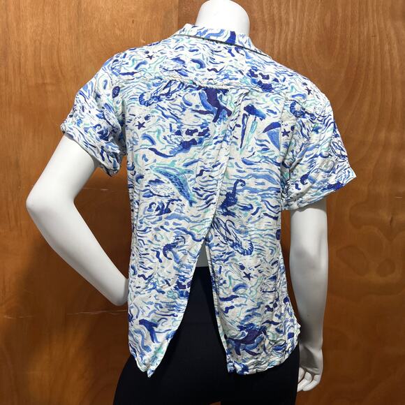 Maeve Linen Blend Coastal Surf Shirt Blue White Women’s Small - Picture 2 of 8